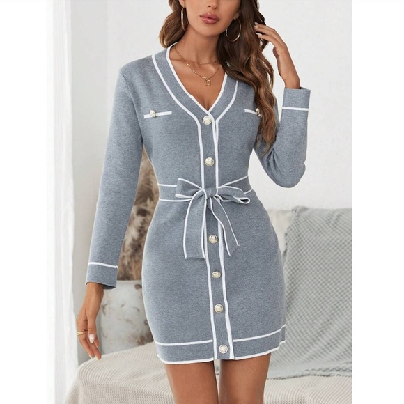 Rouge! Dresses & Skirts - Grey Knit Belted Dress Long Sleeve, Button Through Contrast White Piping Trim